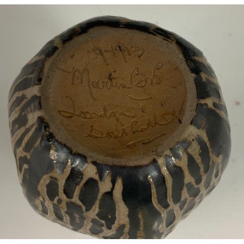 56 - A RARE MARTIN BROTHERS GOURD SHAPED VASE OF SHOULDERED FORM WITH INCISED MARKS TO BASE, APPROX. 8.5 ... 