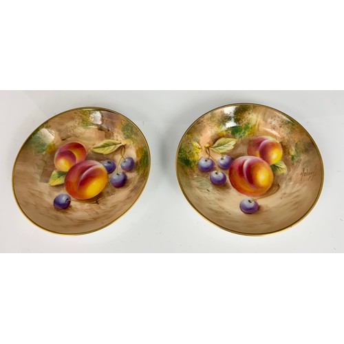 46 - PR. ROYAL WORCESTER HAND PAINTED PIN TRAYS, FALLEN FRUIT, MAYBURY, APPROX. 9.75 cm dia.