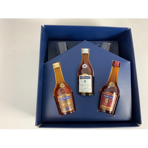 22 - MARTELL PRESENTATION SET, TWO GLASSES, MINIATURES OF VSOP, COGNAC, & CORDON BLUE