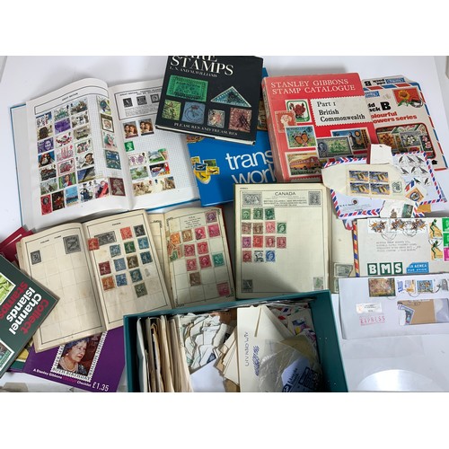 212 - STAMP INTEREST A BOX OF ALL WORLD PLUS A PICKED ALBUM & OLD CARTALOGUES