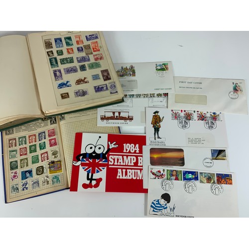 213 - STAMP INTEREST, A SPRING BACK ALBUM OF MIXED STAMPS, PLUS SMALL QTY. OF FDC, STAMP BUG 1984 ALBUM, S... 