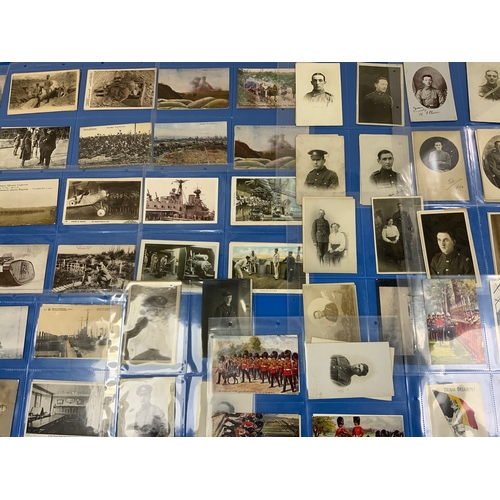 134 - POSTCARDS, A BROWN SG POSTCARD ALBUM, WITH APPROX. 150 POSTCARDS MOSTLY OF WW1 ERA, MILITARY, TRACKS... 