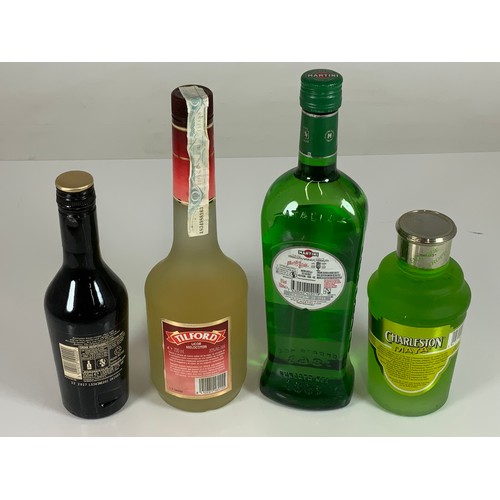 19 - VARIOUS BOTTLES ALCOHOL INC. MARTINI, TILFORD PEACH SCHNAPPS, CHARLESTON STRAWBERRY LIQUEUR AND A HA... 