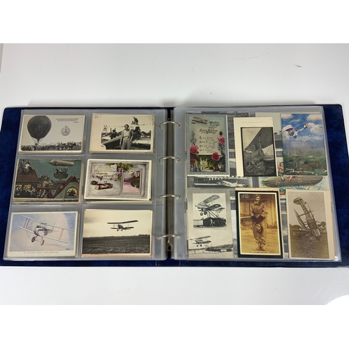 145 - POSTCARDS, A BLUE SLIP IN ALBUM, OF A THEAMATIC INTEREST OF AVIATION AND AIRCRAFT, APPROX. 300 CARDS... 