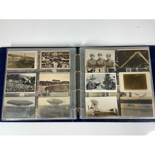 145 - POSTCARDS, A BLUE SLIP IN ALBUM, OF A THEAMATIC INTEREST OF AVIATION AND AIRCRAFT, APPROX. 300 CARDS... 