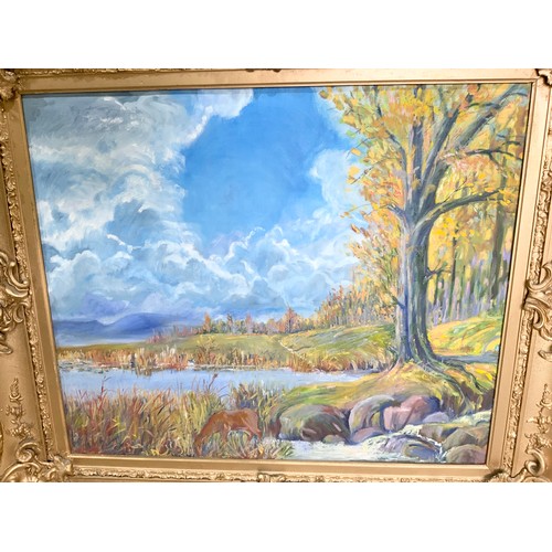 12 - LARGE OIL PAINTING OF A RIVER SCENE IN ORNATE GILT FRAME