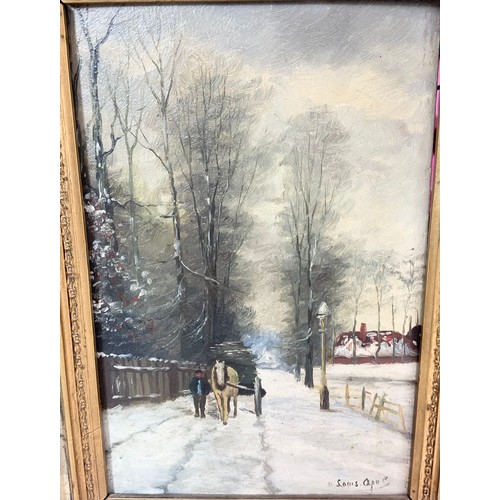 16 - OIL PAINTING OF A WINTERS SCENE ON BOARD IN GILT FRAME