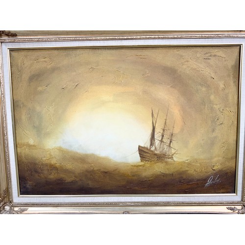 17 - OIL ON CANVAS SAILING SHIP IN GILT FRAME  90cm x 60cm