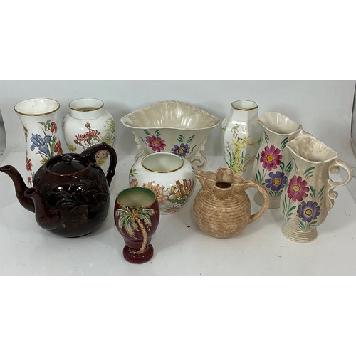 124 - MISC. CHINA AND PORCELAIN INCLUDING WEDGEWOOD, WADE, SADLER, BESWICK AND A TWO SPOUTED TEA POT