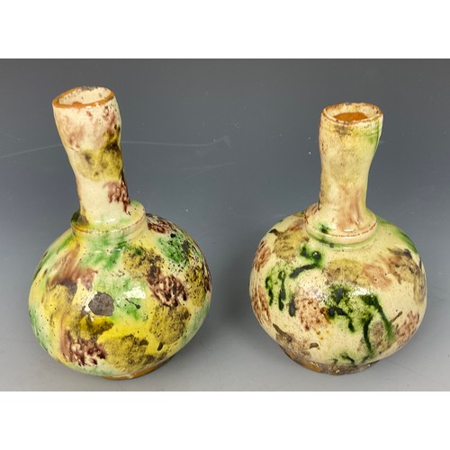 167 - PR. POTTERY VASES WITH MOTTLED GREEN BROWN GLAZE, APPROX. 17 cm