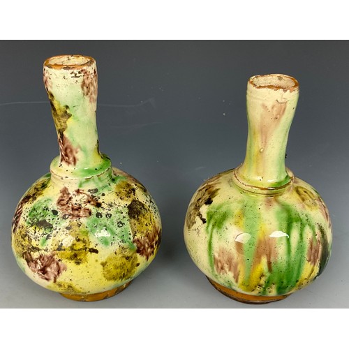 167 - PR. POTTERY VASES WITH MOTTLED GREEN BROWN GLAZE, APPROX. 17 cm