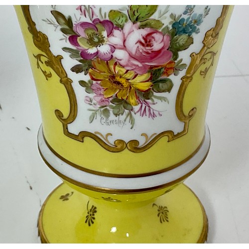 162 - ROYAL CROWN DERBY YELLOW GROUND VASE SIGNED GRESLEY AND A ROYAL CROWN DERBY FOOTED 2 HANDLED URN SHA... 