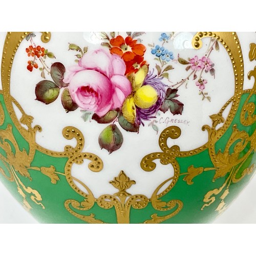 162 - ROYAL CROWN DERBY YELLOW GROUND VASE SIGNED GRESLEY AND A ROYAL CROWN DERBY FOOTED 2 HANDLED URN SHA... 