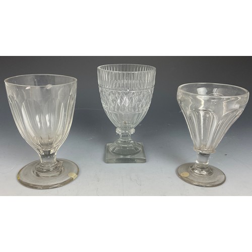 244 - LARGE SQUARE FOOT CUT GLASS RUMMER WITH COVER. AND 2 OTHERS