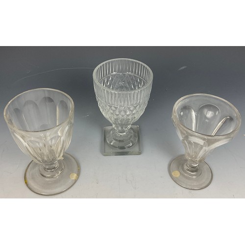 244 - LARGE SQUARE FOOT CUT GLASS RUMMER WITH COVER. AND 2 OTHERS