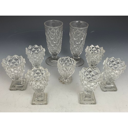 245 - PR. TALL HEAVY CUT GLASSES/ VASES TOGETHER WITH 6 SQUARE FOOT GLASSES AND ONE OTHER SIMILAR