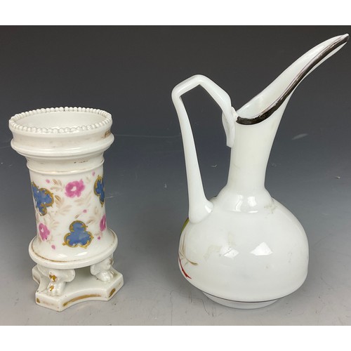 248 - PAINTED MILK GLASS JUG AND A VASE WITH FLORAL DECORATION