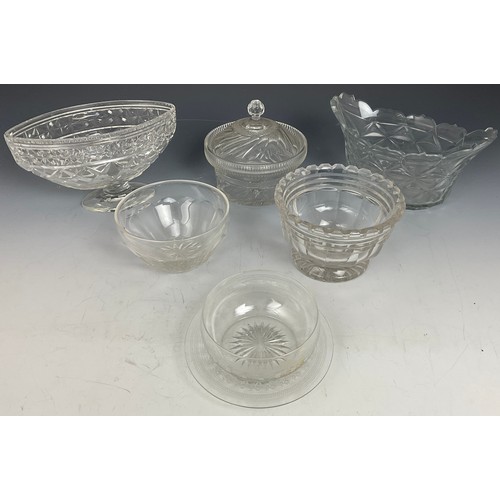 250 - 6 VARIOUS CUT GLASS BOWLS, ONE WITH STAND AND ONE WITH COVER