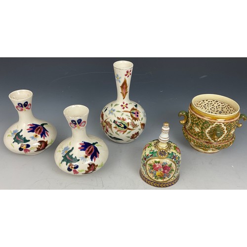 77 - PIERCED PORCELAIN POT, POSSIBLY ZSOLNAY PECS, CONTINENTAL PORCELAIN BELL, PAIR OF VASES AND ONE OTHE... 