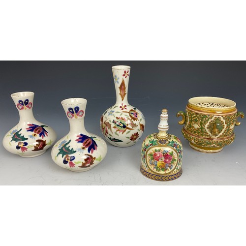 77 - PIERCED PORCELAIN POT, POSSIBLY ZSOLNAY PECS, CONTINENTAL PORCELAIN BELL, PAIR OF VASES AND ONE OTHE... 