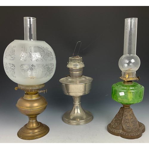 284 - 3 OIL LAMPS, ONE WITH GREEN GLASS BODY, ONE ETCHED GLASS AND ONE OTHER