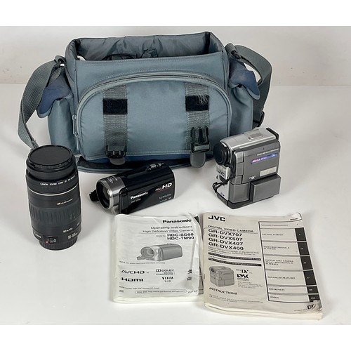 397 - JVC AND PANASONIC VIDEO CAMERAS AND A CANON 90-300 mm ZOOM LENS, ALL IN A FITTED CASE