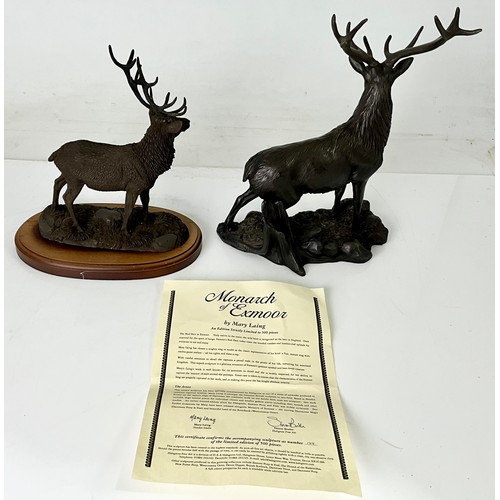 114 - TWO STAG BRONZED RESIN STUDIES, MARY LAING TOGETHER WITH A TOM MACKIE DITTO