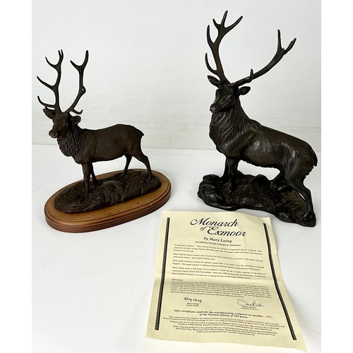 114 - TWO STAG BRONZED RESIN STUDIES, MARY LAING TOGETHER WITH A TOM MACKIE DITTO