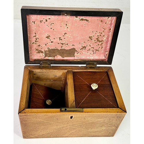 347 - INLAID MAHOGANY TEA CADDY WITH FITTED INTERIOR