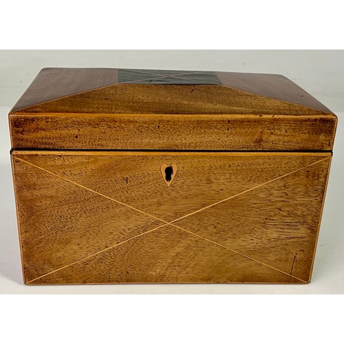 347 - INLAID MAHOGANY TEA CADDY WITH FITTED INTERIOR