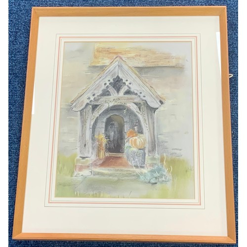 32 - PASTEL DEPICTING CHURCH DOORWAY WITH SIGNATURE A THISTLETHWAITE