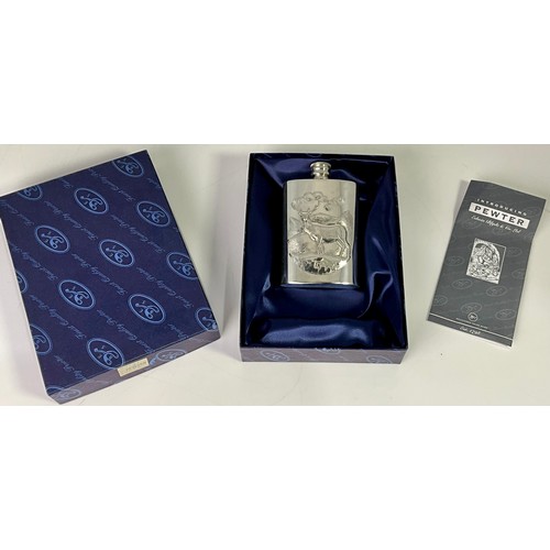 318 - PEWTER HIP FLASK WITH RELIEF STAG DECORATION