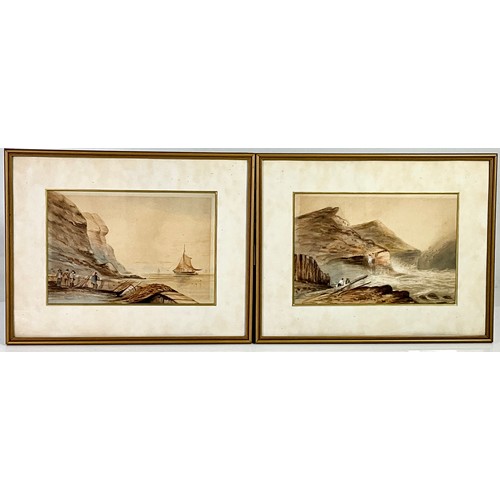 25 - PAIR OF WATER COLOURS DEPICTING COASTAL SCENES – NO APPARENT SIGNATURE AND ONE OTHER WITH SIGNATURE ... 