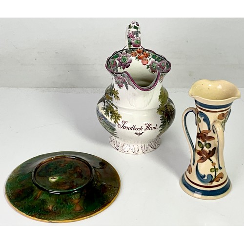 127 - MAJOLICA LEAF PLATE, HUNT JUG AND THREE HANDLED VASE