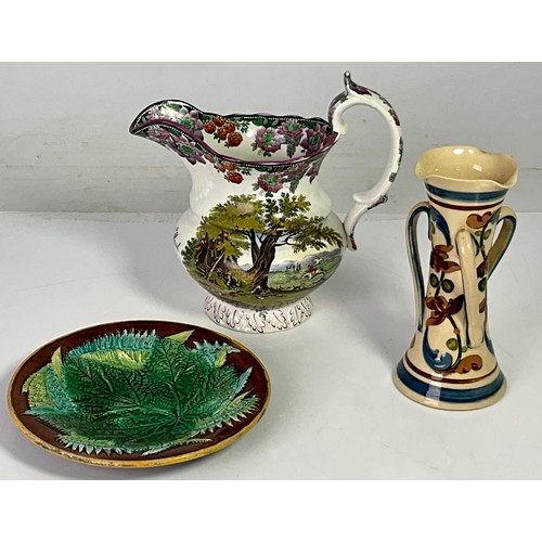 127 - MAJOLICA LEAF PLATE, HUNT JUG AND THREE HANDLED VASE