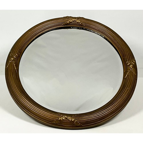 56 - ROUND BEVELLED MIRROR WITH MAHOGANY FRAME