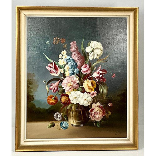 8 - OIL ON CANVAS STILL LIFE FLOWERS TOGETHER WITH AN OIL ON CANVAS DEPICTING A PEACOCK