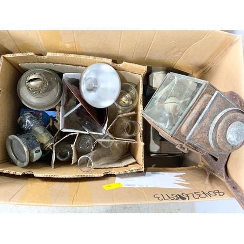 330 - TWO BOXES OF MISCELLANEOUS INC LUCAS  LAMP, ENAMEL JUGS , COACH LAMP ETC