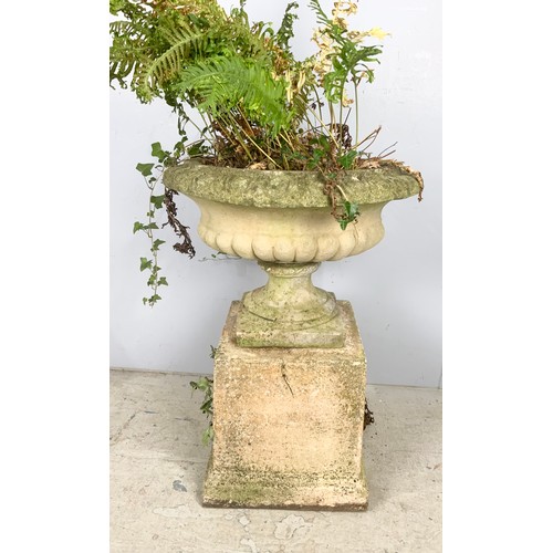 478 - COMPOSITE URN ON SQUARE PEDESTAL 80cm TALL