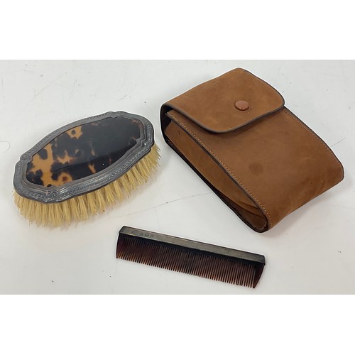 404 - STERLING SILVER BRUSH AND COMB SET IN LEATHER POUCH, HALLMARKED BIRMINGHAM 1925/6, ADIE BROTHERS