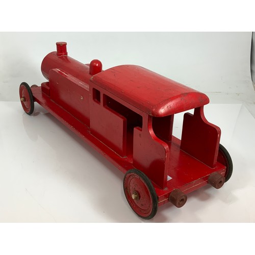 66 - WOODEN PULL ALONG STEAM RAILWAY LOCOMOTIVE, APPROX 82 CM LONG