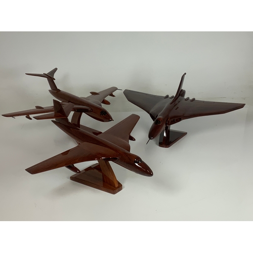 191 - LARGE SCALE POLISHED WOODEN AIRCRAFT MODELS, COMPRISING THE V - FORCE, VULCAN, VALIANT & VICTOR