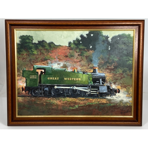 230 - ORIGINAL OIL ON BOARD OF A GWR PRAIRIE TANK LOCOMOTIVE, 5164, PRESERVED SIG BRANT, APPROX. 63 X 50 C... 