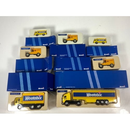 104 - CORGI, 7 BOXED WEETABIX LORRIES & VANS