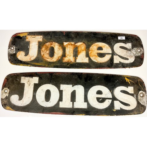 26 - PAIR OF PRESSED ALUMINIUM  LORRY MAKERS NAME PLATES / BADGE, JONES, WHITE LETTERS ON BLACK BACKGROUN... 