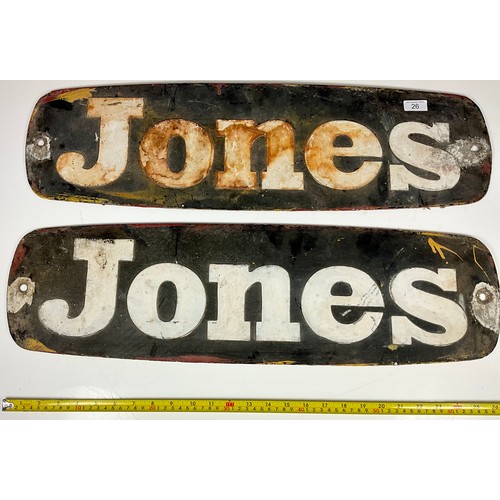 26 - PAIR OF PRESSED ALUMINIUM  LORRY MAKERS NAME PLATES / BADGE, JONES, WHITE LETTERS ON BLACK BACKGROUN... 