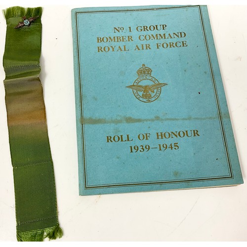 390 - WWII RAF OVERCOAT, SWEETHEART BROACH AND BOMBER COMMAND ROLL OF HONOUR