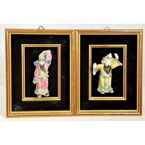 36 - PAIR OF POTTERY FIGURES IN FRAMES TOGETHER WITH PAIR OF PICTURES DEPICTING FIGURES IN TRADITIONAL CO... 