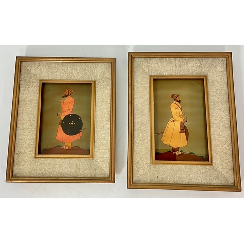 36 - PAIR OF POTTERY FIGURES IN FRAMES TOGETHER WITH PAIR OF PICTURES DEPICTING FIGURES IN TRADITIONAL CO... 