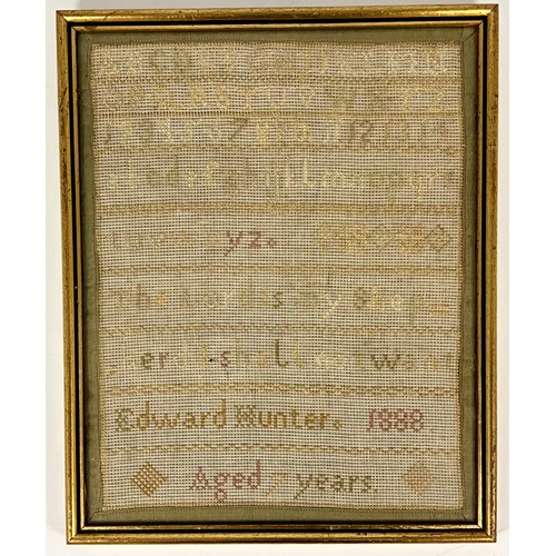 47 - LATE 19TH CENTURY FRAMED SAMPLER DATED 1888 BY EDWARD HUNTER AGED 7